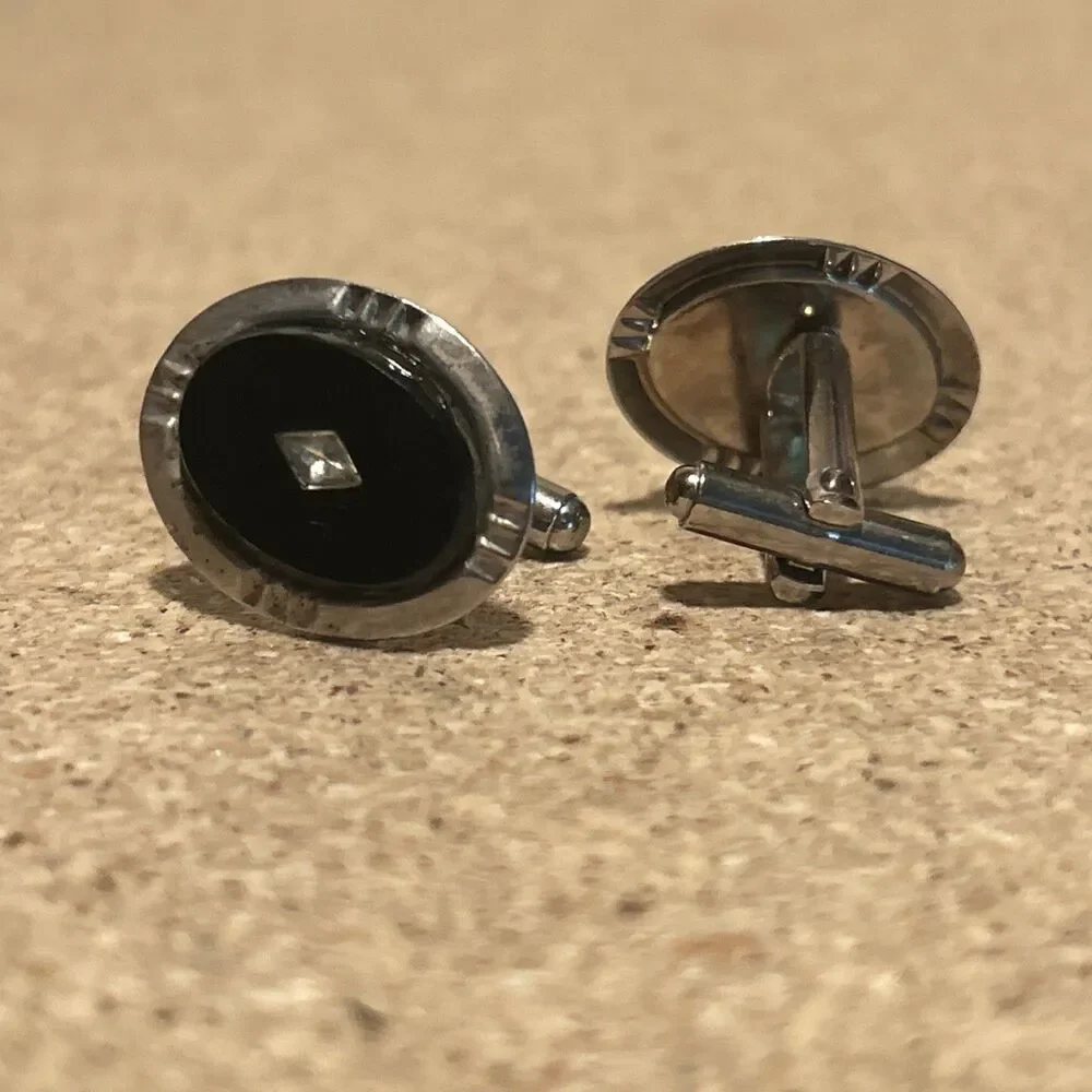 Vintage Onyx Black Cufflinks Silvertone